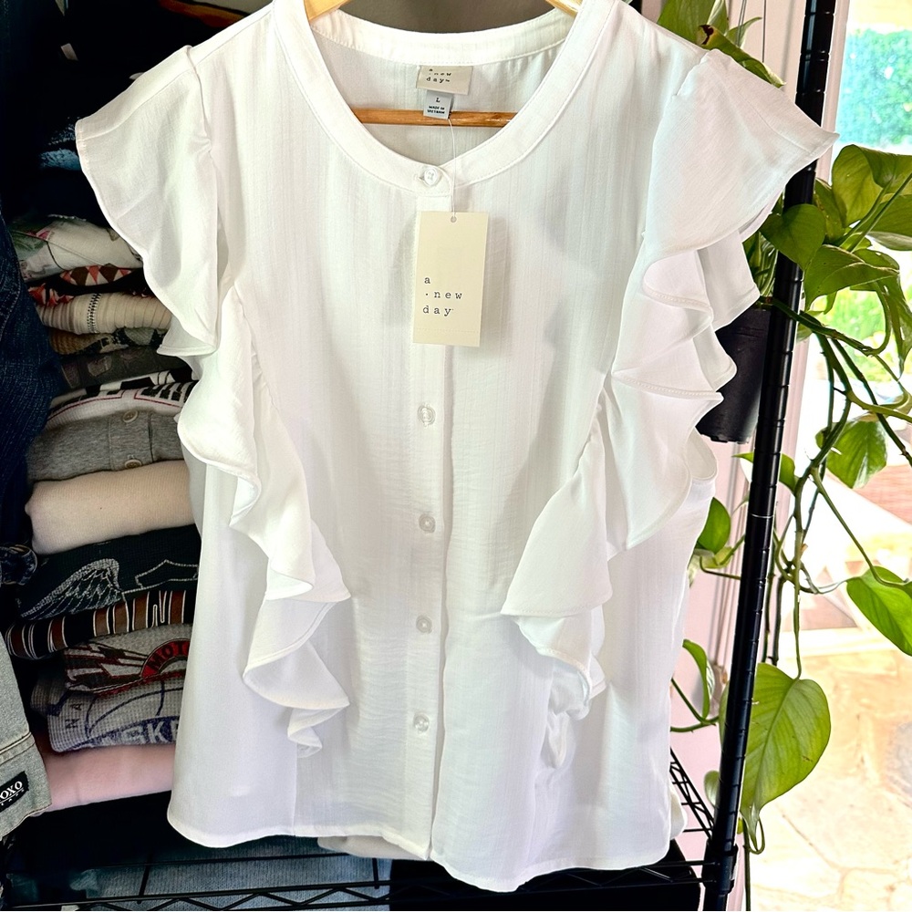A New Day Women's White Button-Down Ruffle Blouse